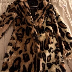 Jessica Simpson Leopard Faux Fur Coat in Brown, Black & Cream